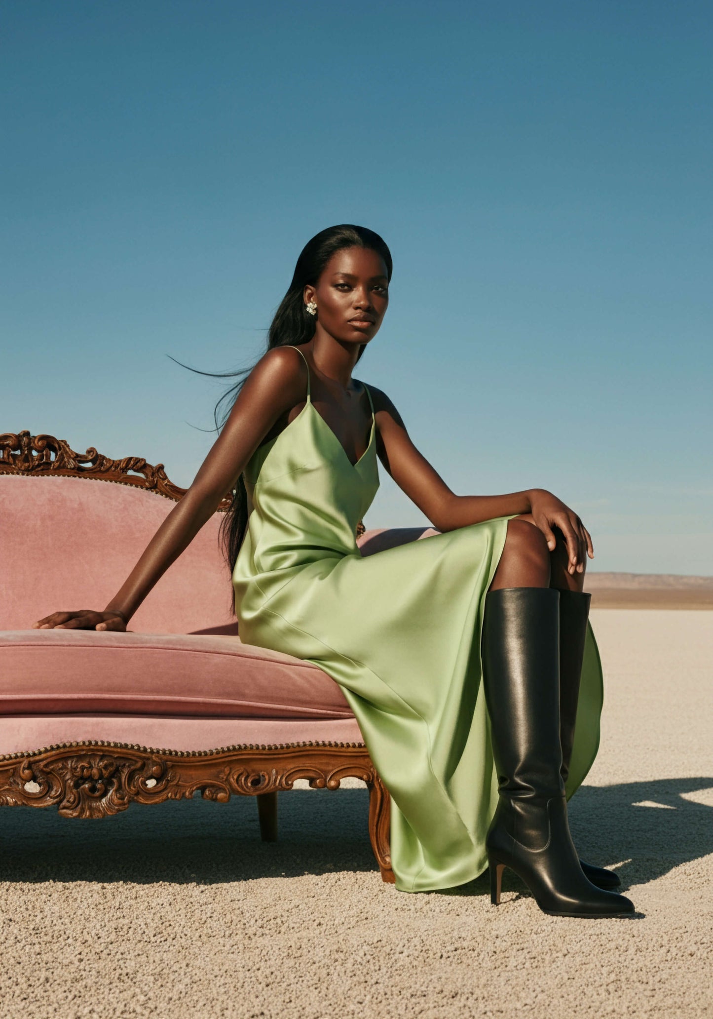Model wears green satin dress and black boots, sitting on a pale pink ornate sofa in the middle of a desert.