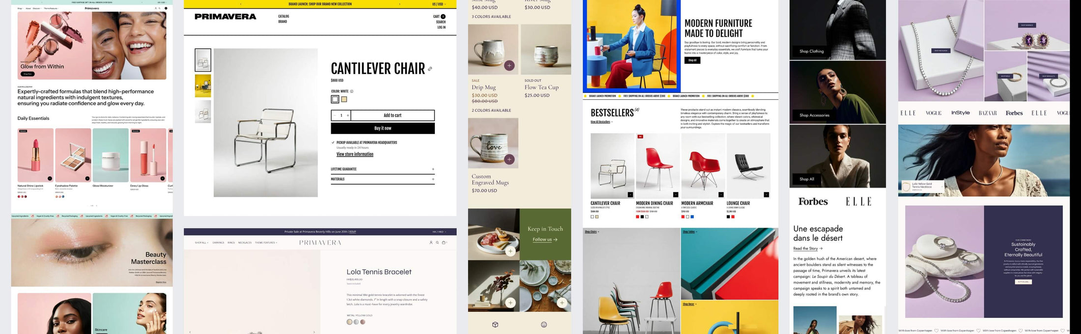 Tiled banner of the various Primavera presets, a luxury Shopify theme.