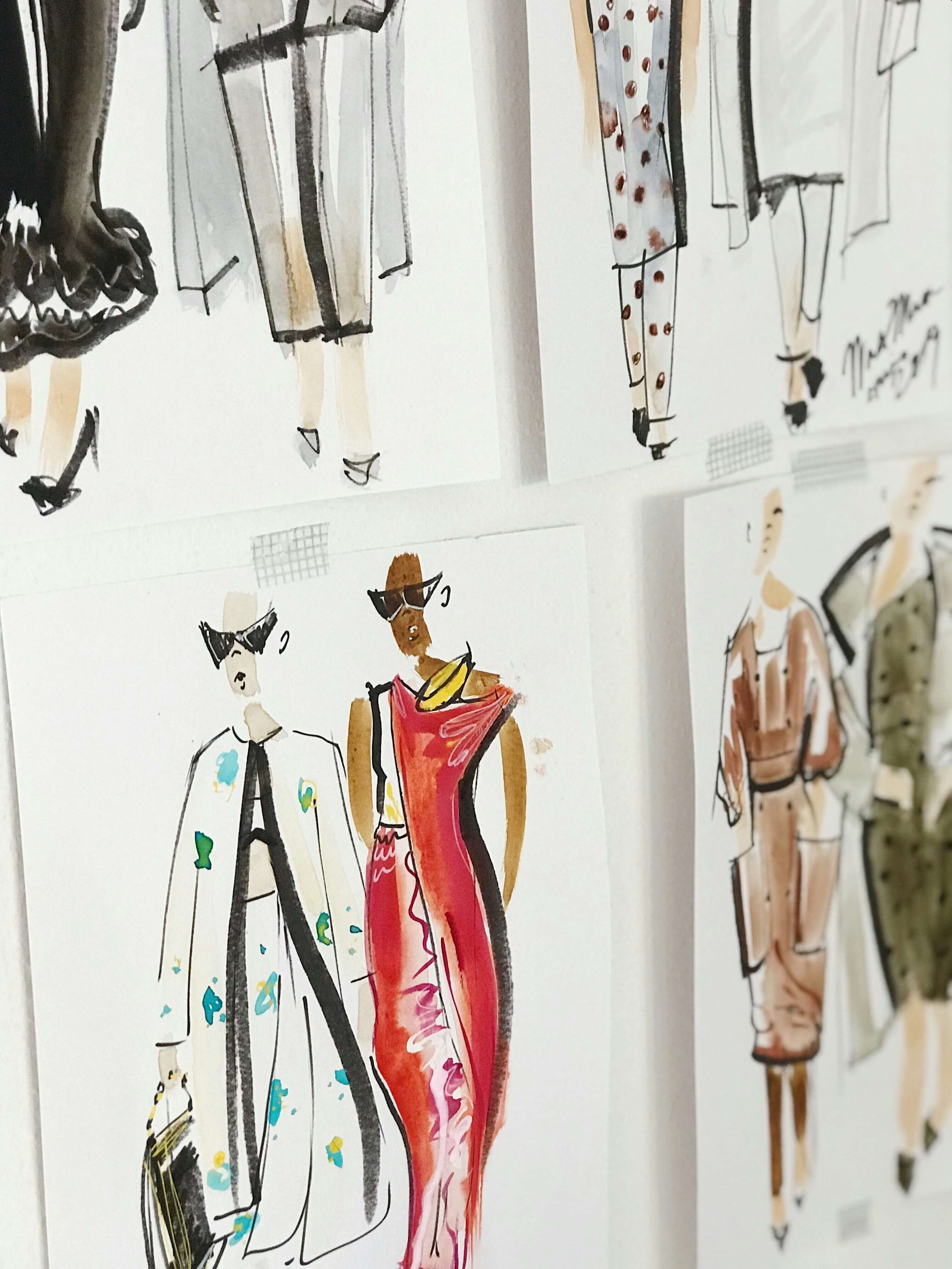 Fashion illustrations showing two models weraing beautiful colorful clothes.