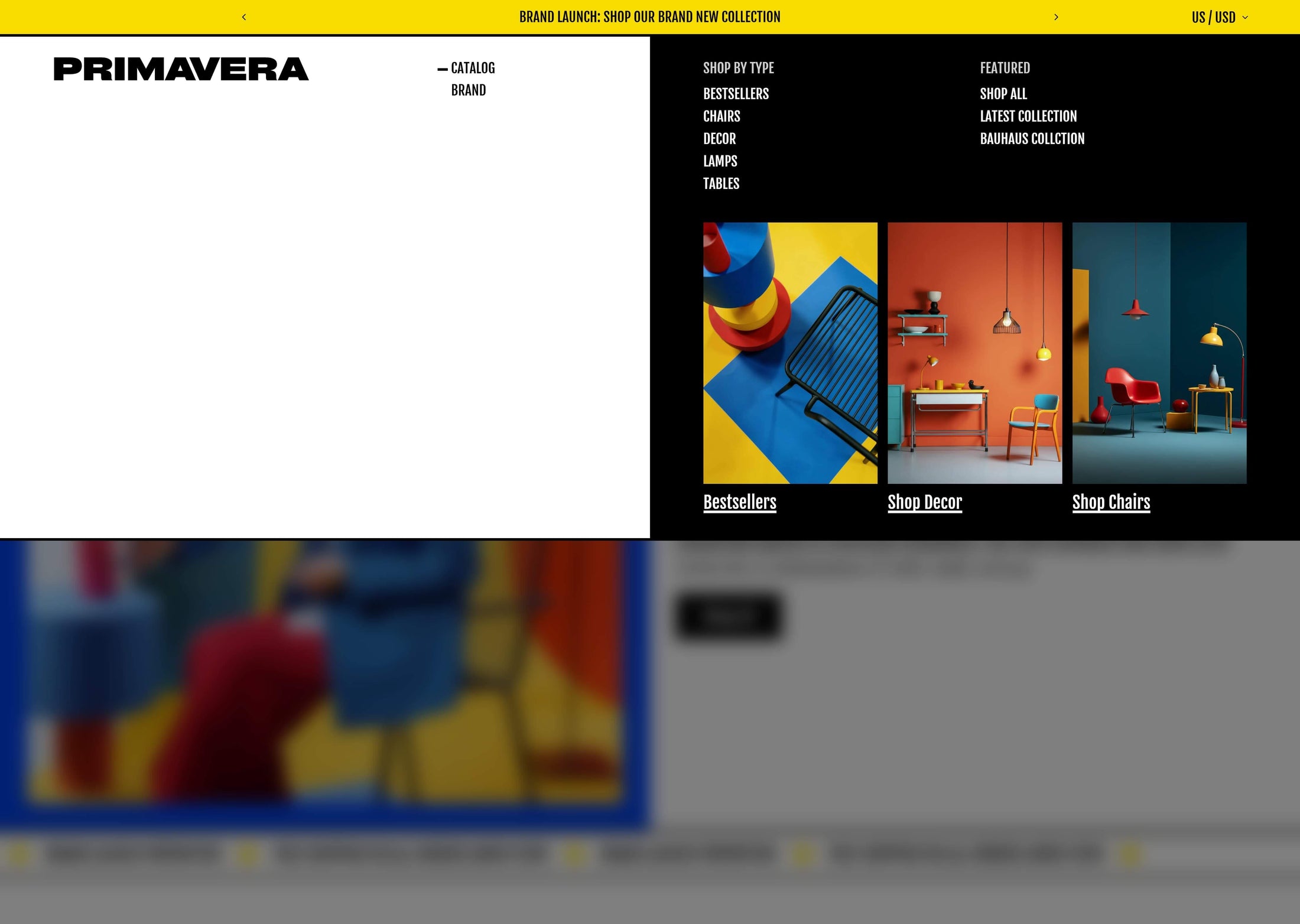 Primavera Composition megamenu with image blocks, a bold Brutalist colorful furniture store.