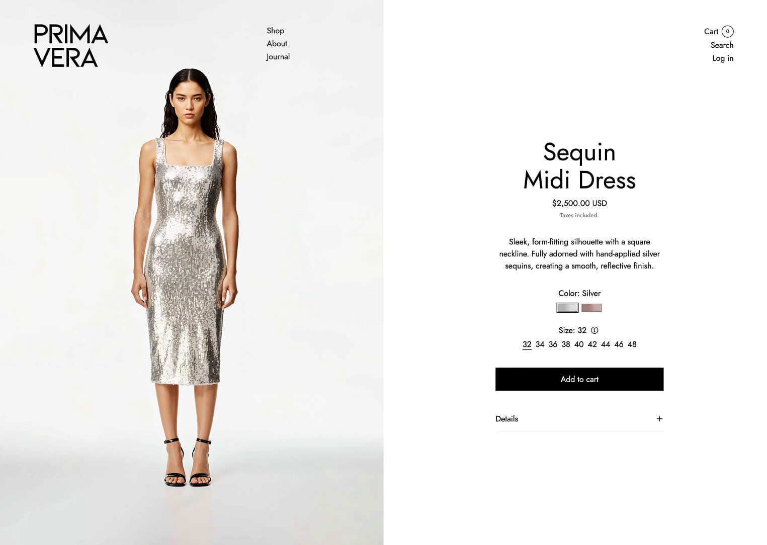 Primavera Distinction product page, a super minimal fashion focused page.
