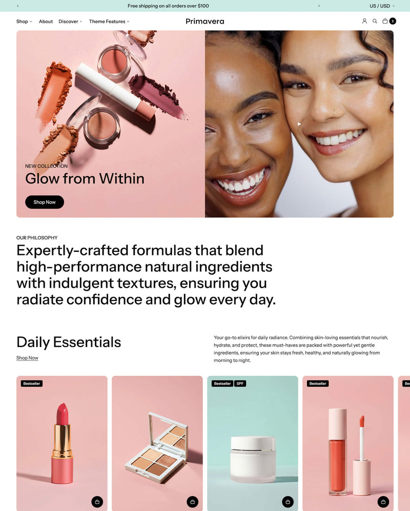 Screenshot of Gloss, a preset for a clean, colorful and vibrant beauty brand.