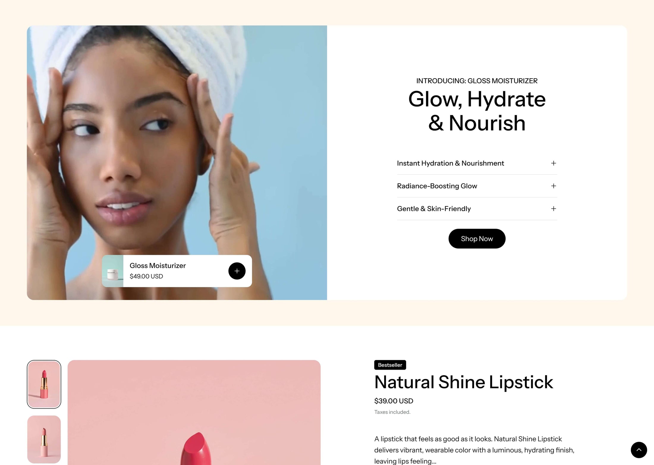 Shoppable video banner on Primavera Gloss, a colorful and approachable Shopify theme.