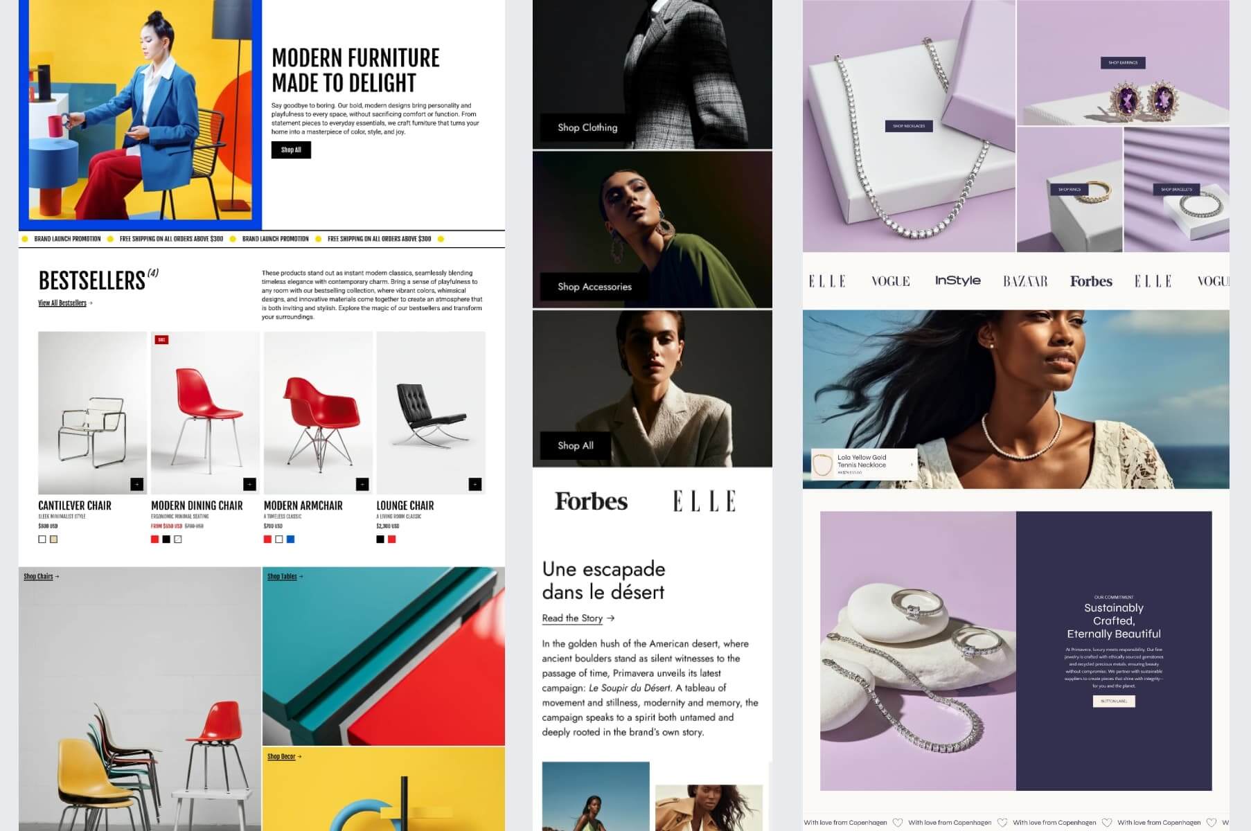 Tiled banner of the various Primavera presets, a luxury Shopify theme.