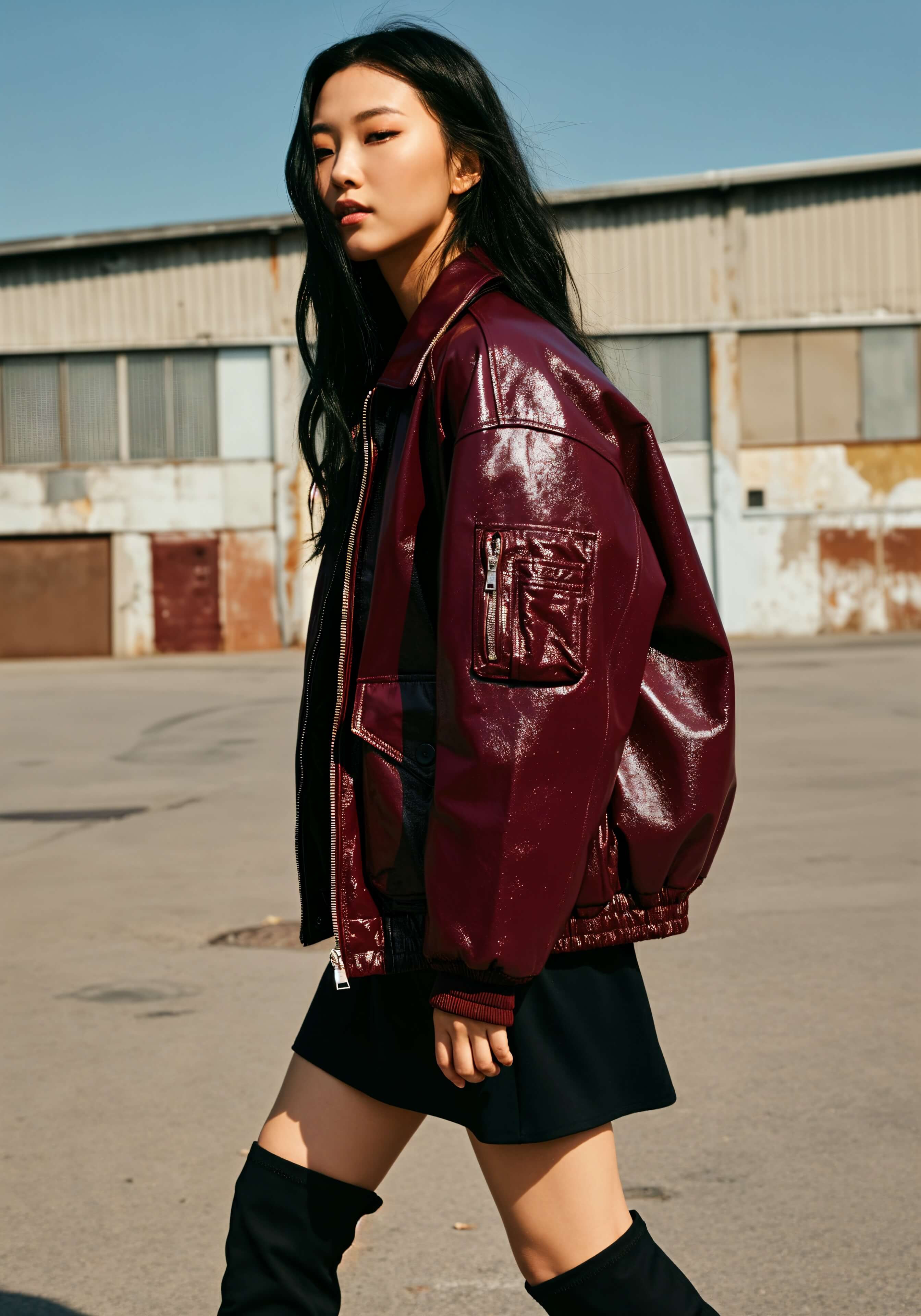 Woman with long black hair wears burgundy patent leather jacket over black skirt and knee-high boots, shot against an industrial setting.