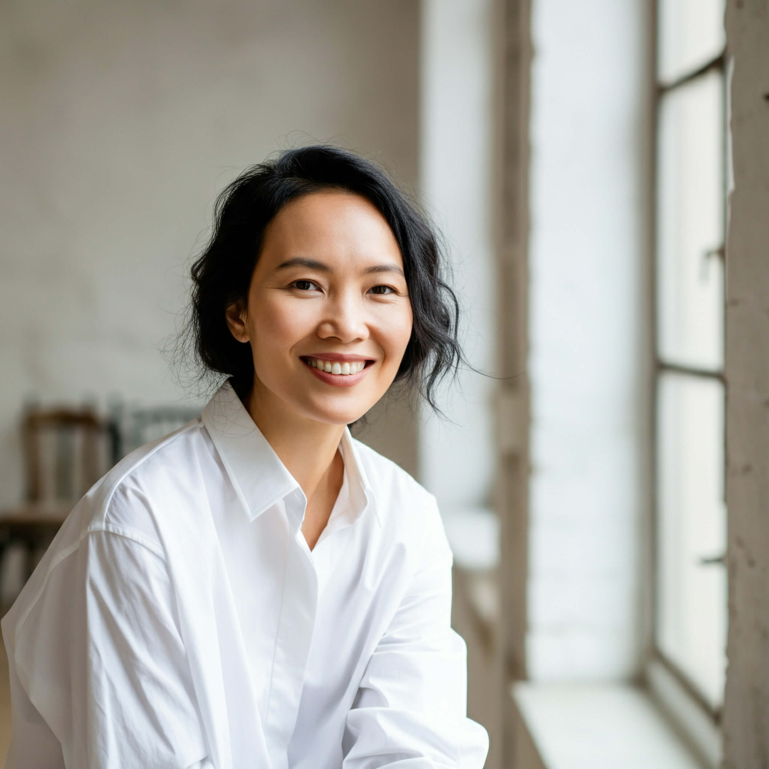 Portrait of a woman with wavy black hair pulled back, she wears a crisp white shirt and sits next to a window against a warehouse background.