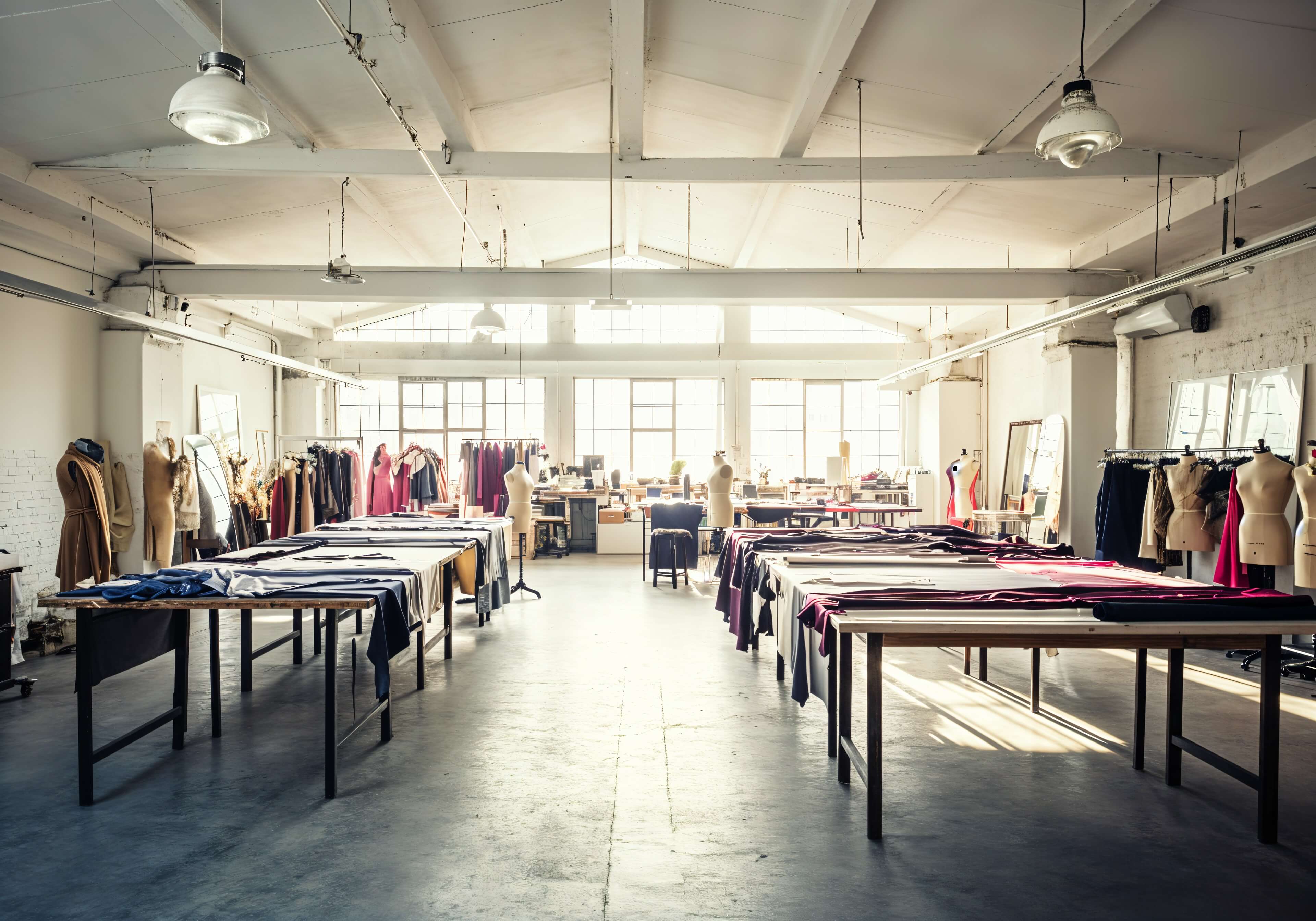 High fashion atelier with mannequins and natural light flooding in.