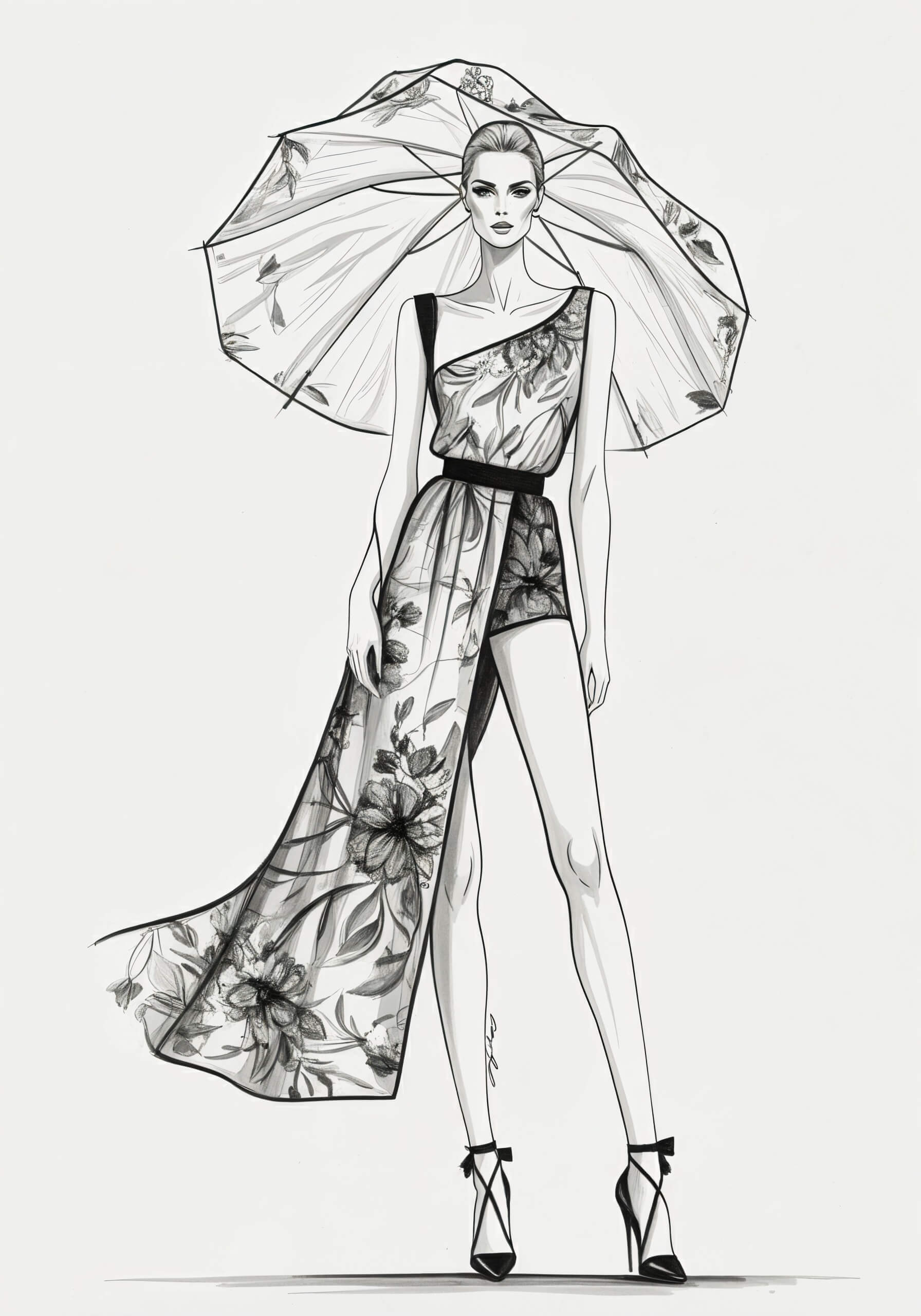 Hand-drawn sketch of model wearing flowing foral outfit with parasol behind.