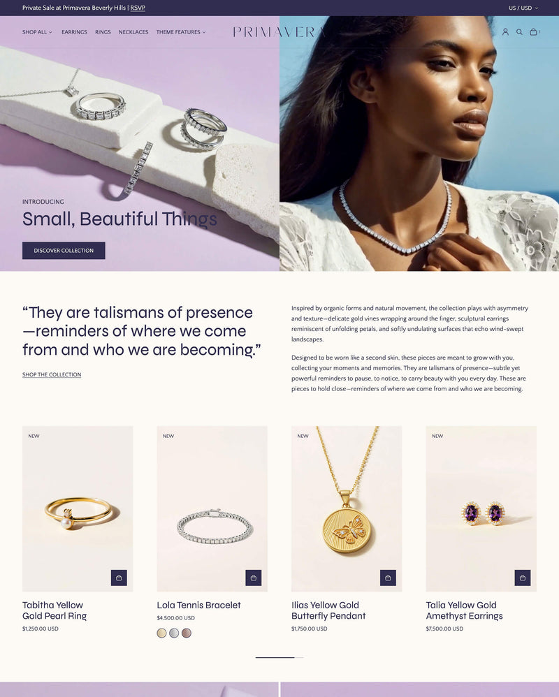 Screenshot of Precision, a jewelry demo store with pink-violet tones.