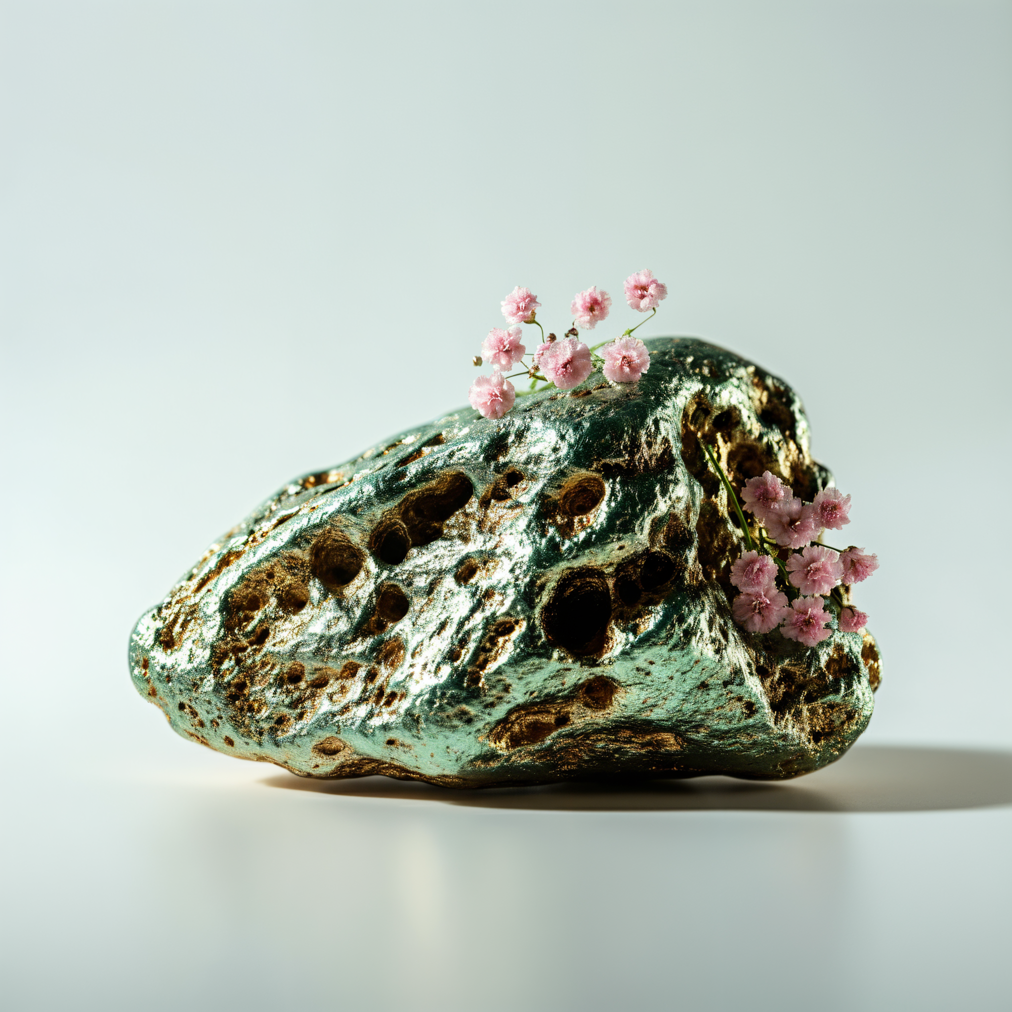 Metallic rock with small pink flowers growing out of it, shot against light studio background.